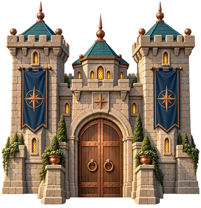 Stone fortress with navy banners and copper details